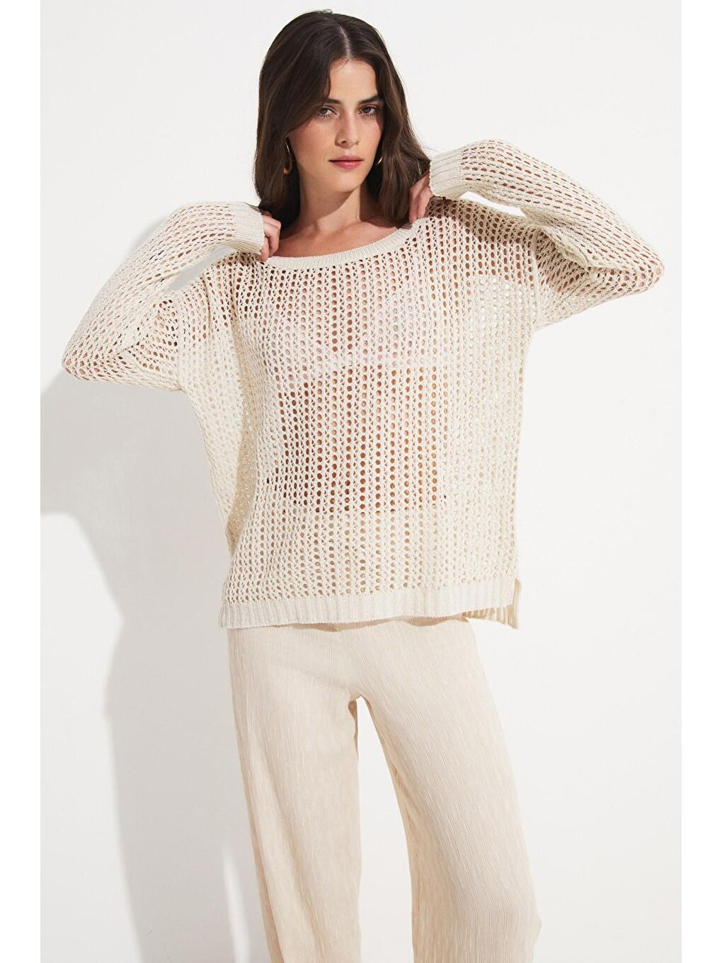 Ekru Kadın Pamuk File Detaylı Kayık Yaka Bluz-3