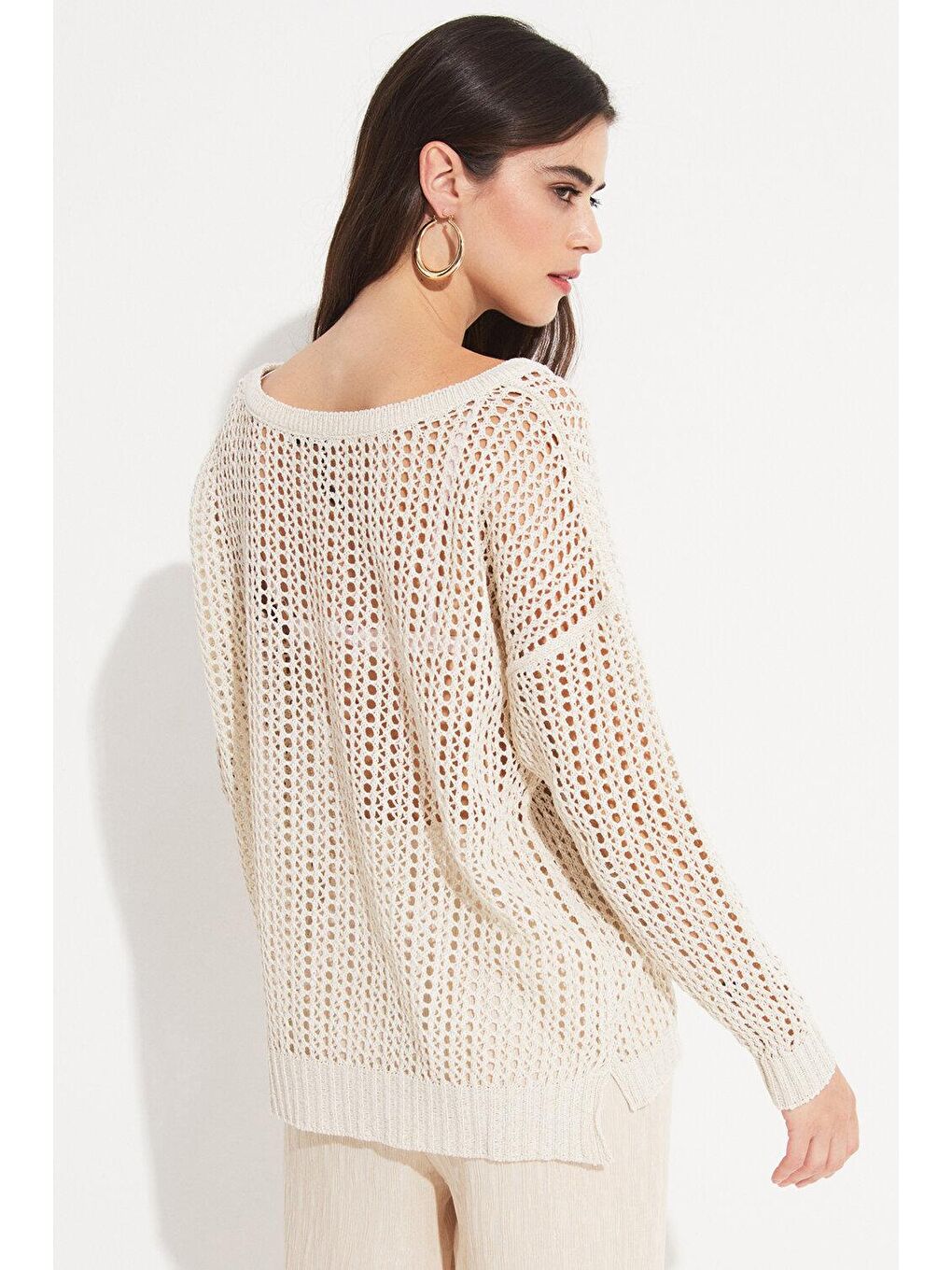 Ekru Kadın Pamuk File Detaylı Kayık Yaka Bluz-4