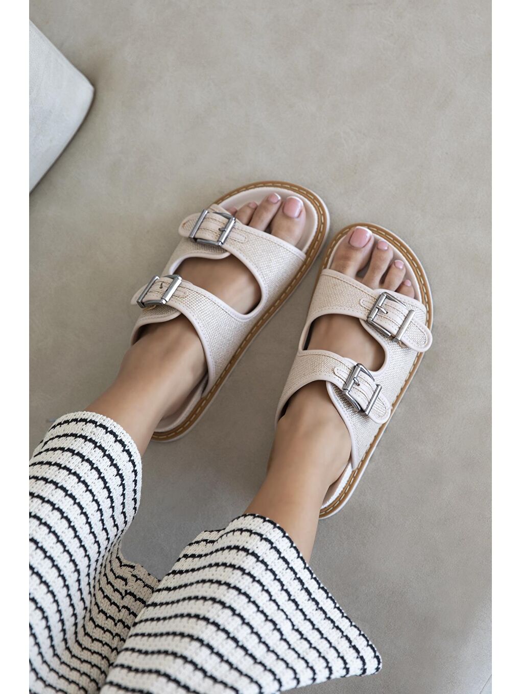 Moss Kadın Hasır Detay  Günlük Deri Terlik Bej-1