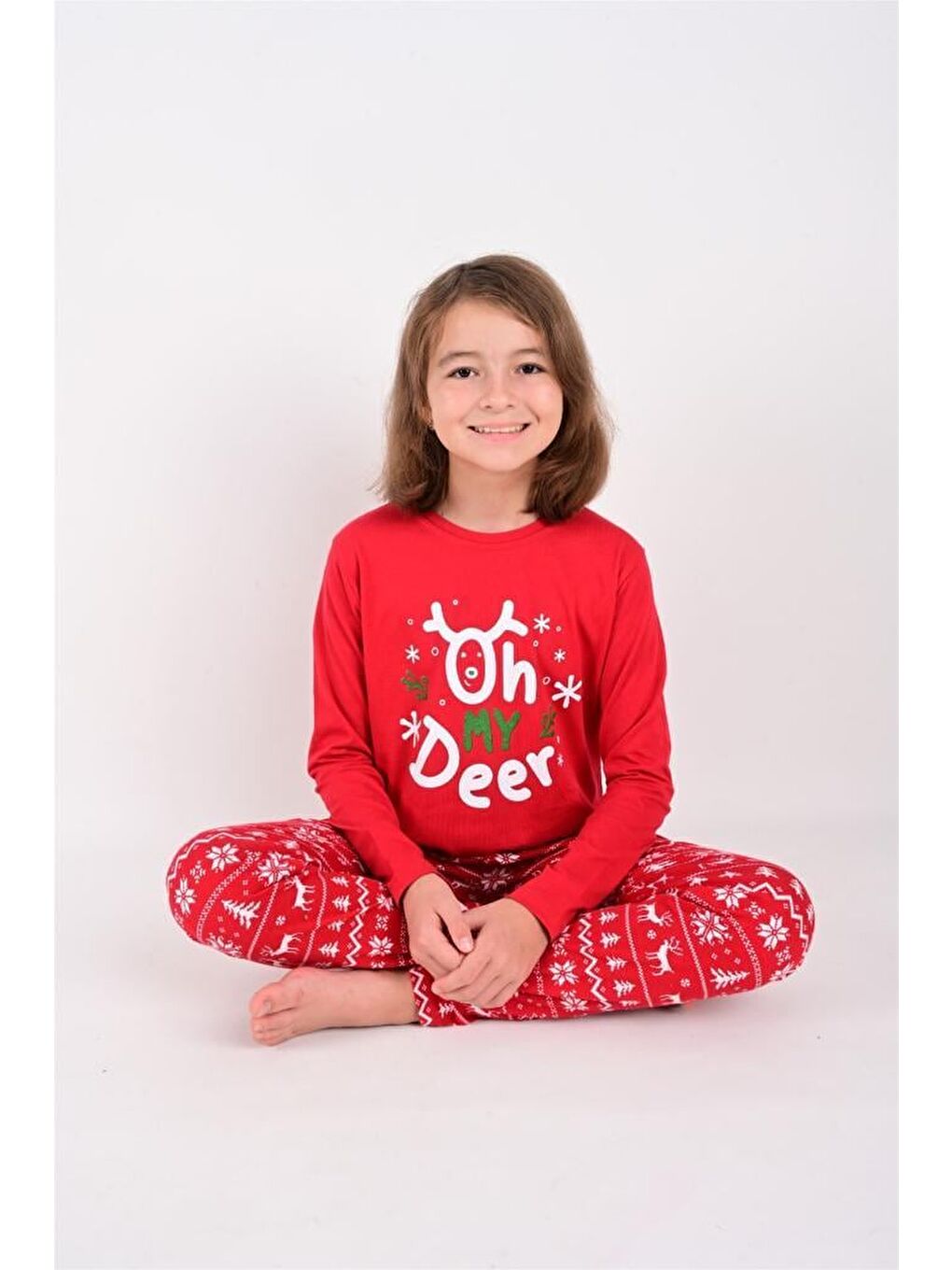 Kırmızı Kız / Erkek Çocuk Uzun Kollu Yılbaşı Temalı Pamuklu Pijama Takımı-1