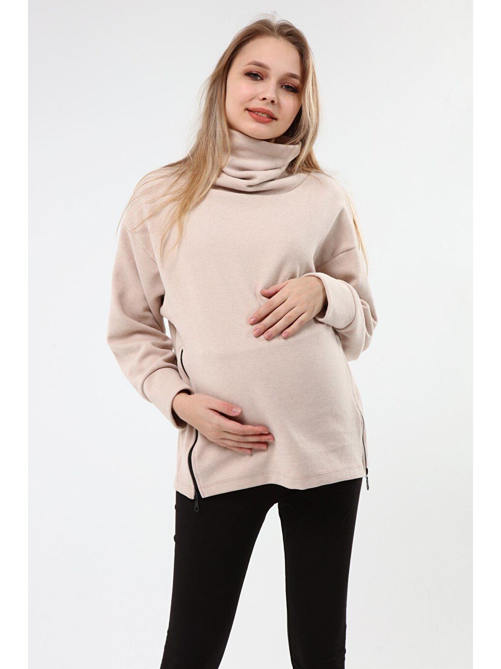 Luvmabelly Bej Boğazlı Uzun Kollu Kadın Hamile Sweatshirt - 1