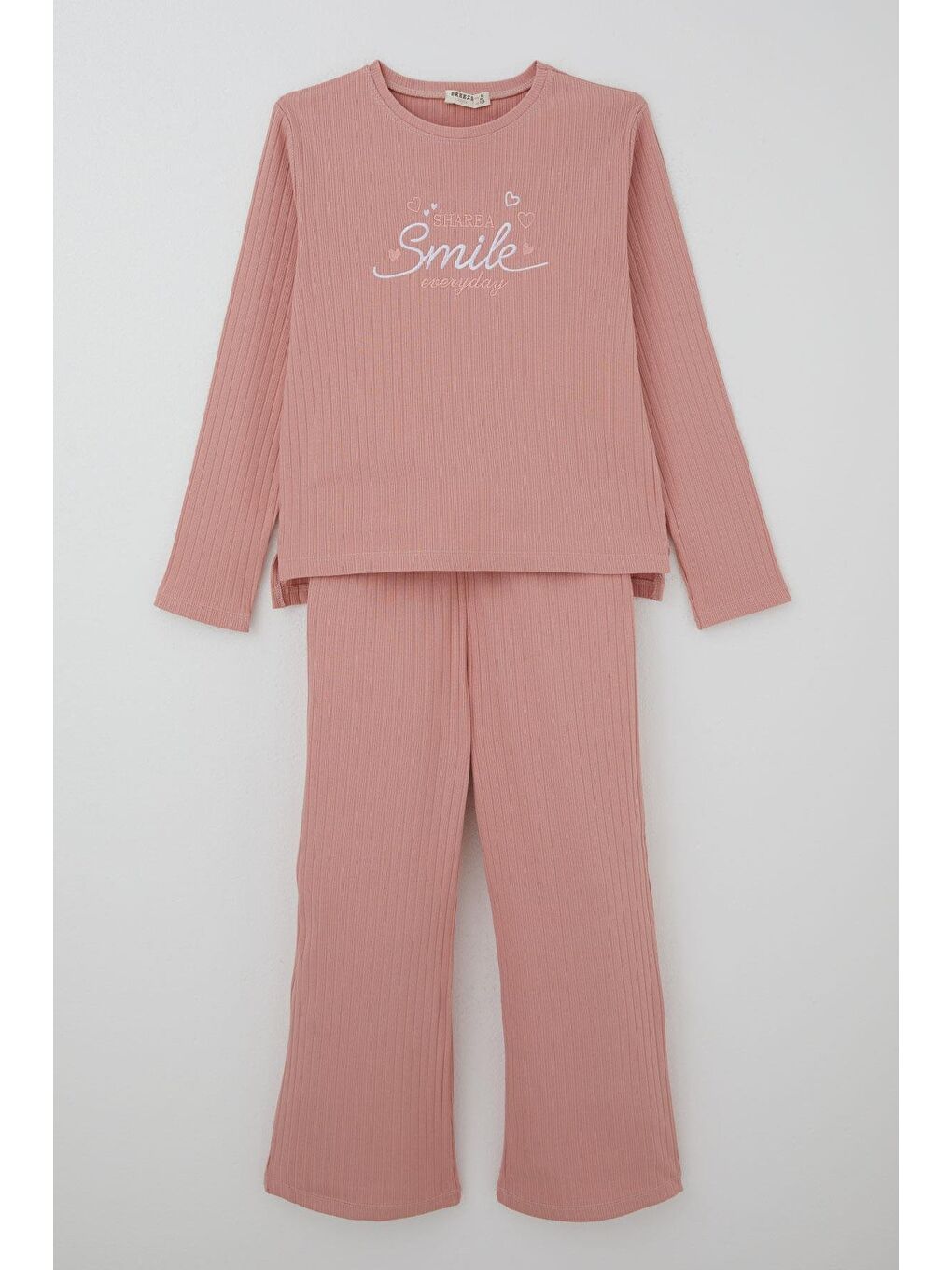 Pembe Kız Çocuk Pantolonlu Takım Yazı & Kalp Nakışlı Pantolonu Fiyonk Aksesuarlı Gülkurusu (4-8 Yaş)