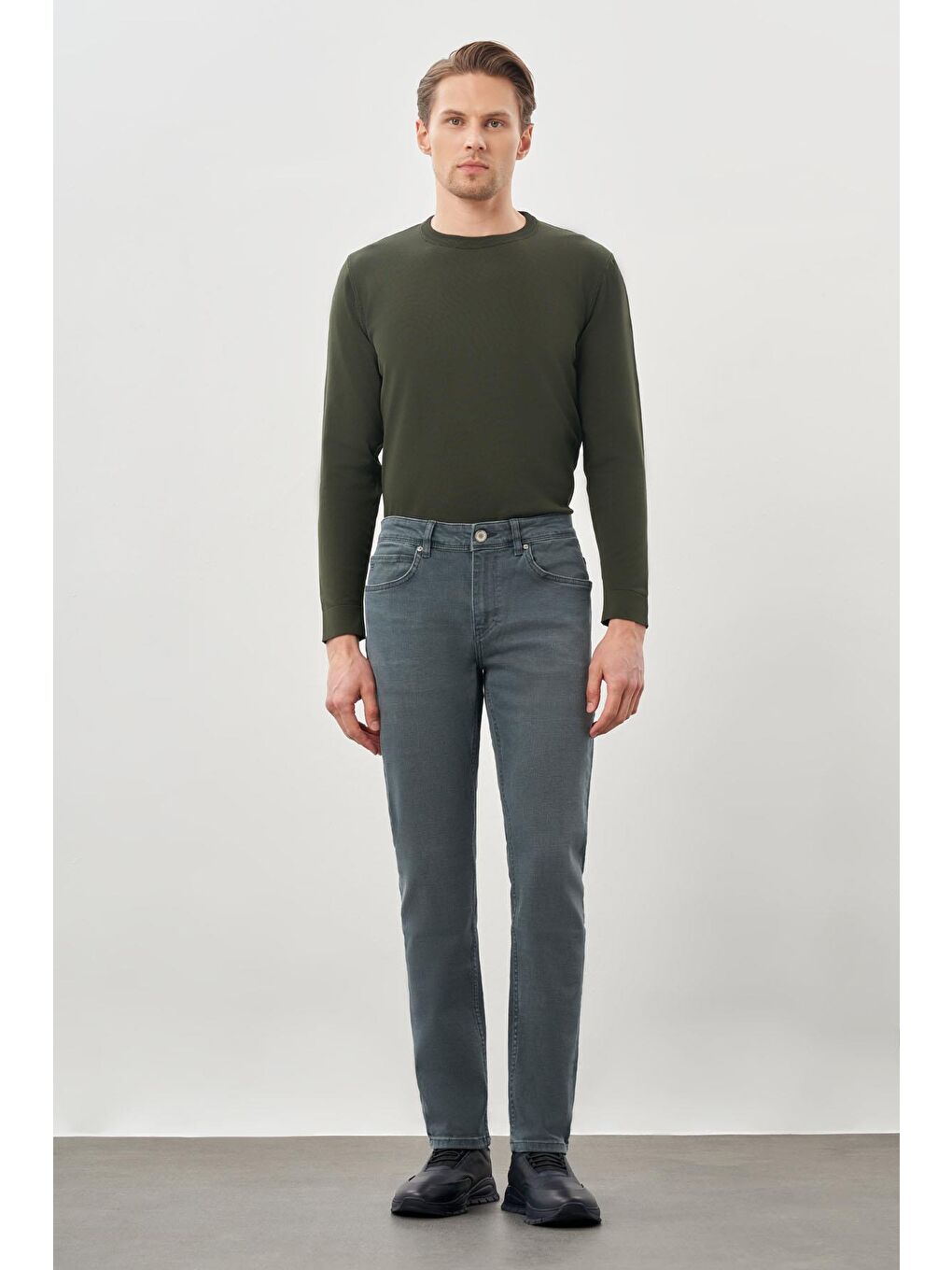 Turkuaz Su Yeşili Düz Gabardin Pamuklu 5 Cep Slim Fit Casual Denim Jean Pantolon 1023245158-1