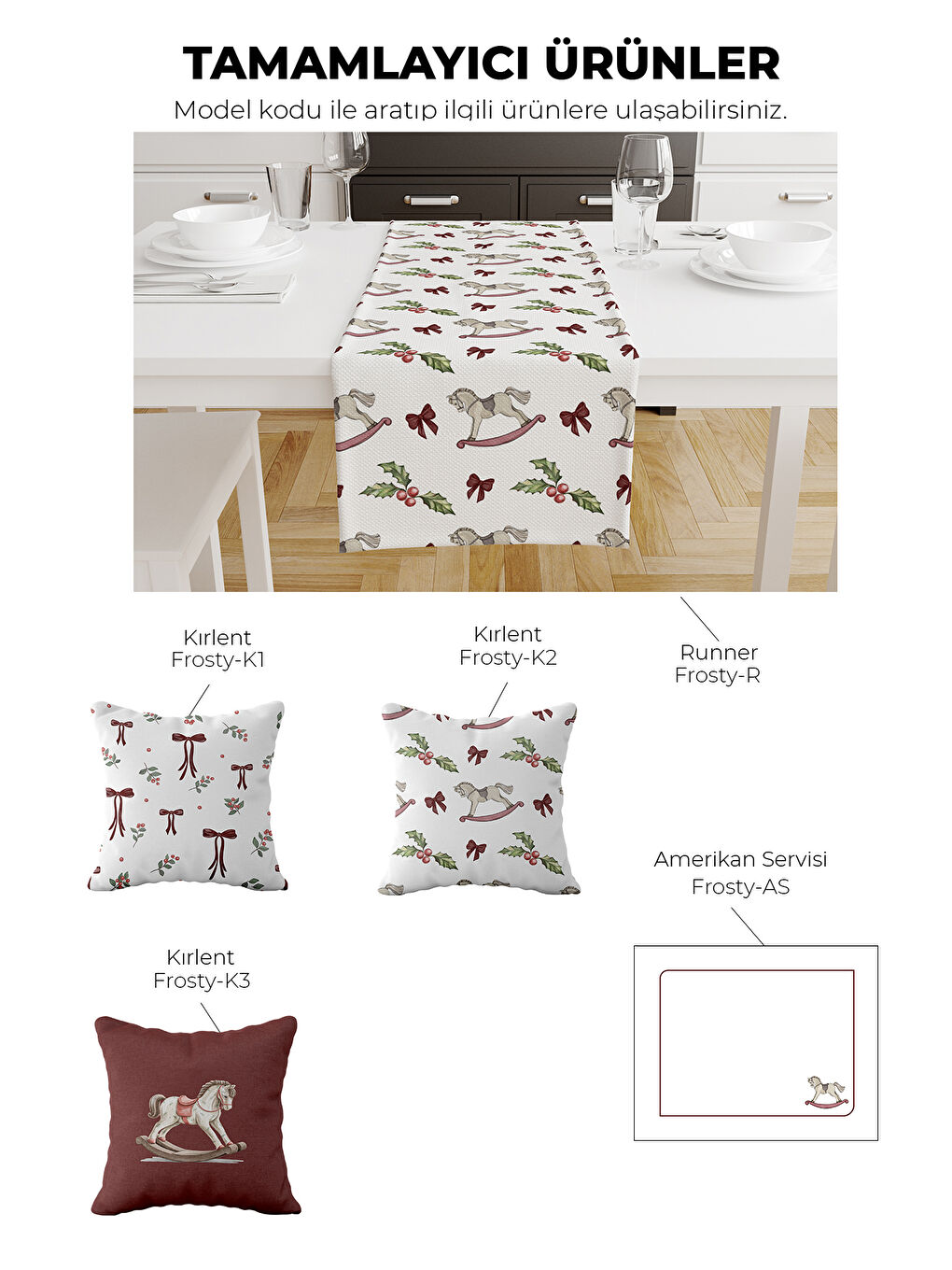 Frosty Atlı Karınca Fiyonk Desenli Noel Temalı 3'lü Dekoratif Kırlent Kılıf Seti Bordo-Beyaz-2
