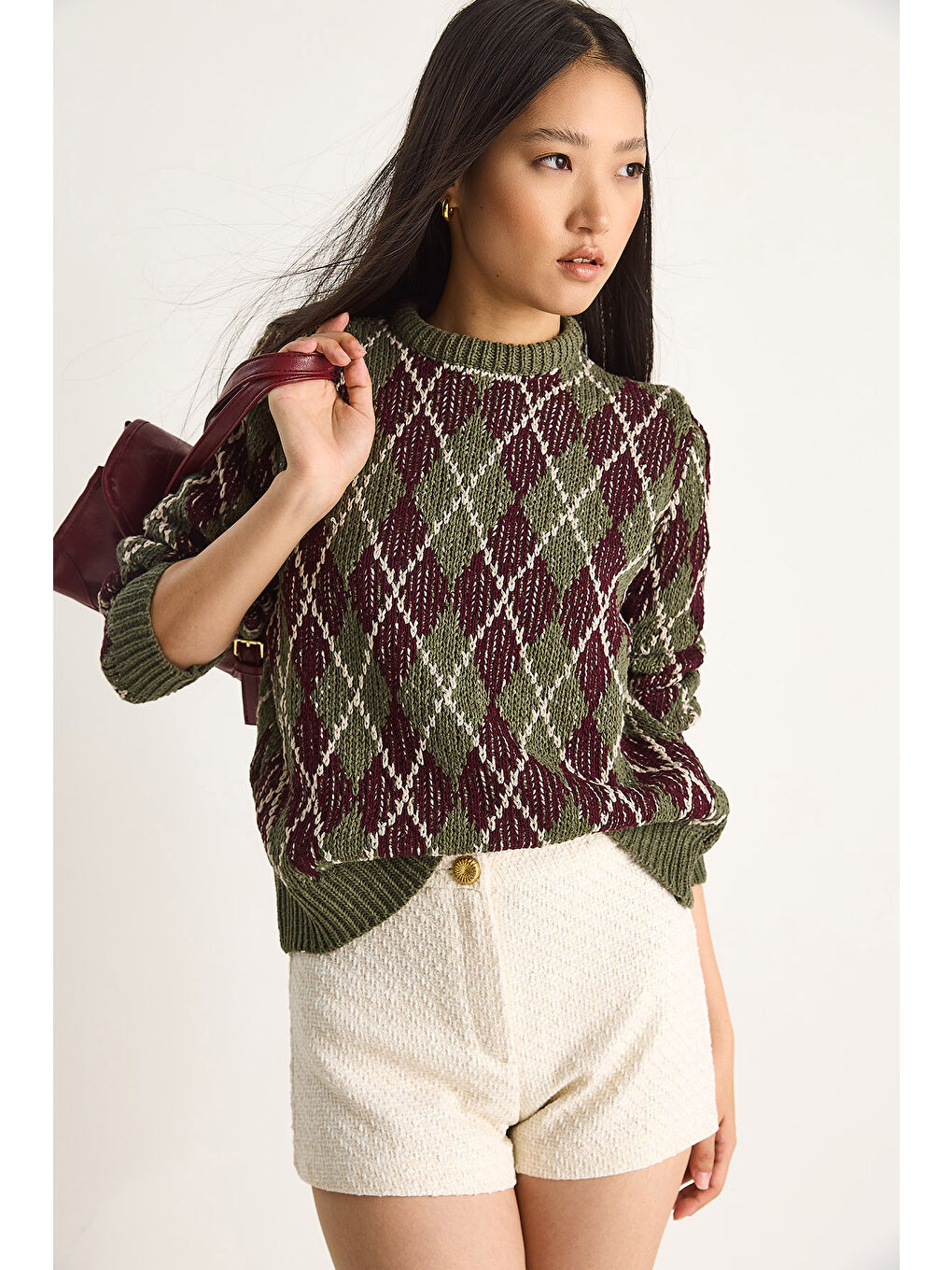 Haki Kadın Baklavalı Kazak-3