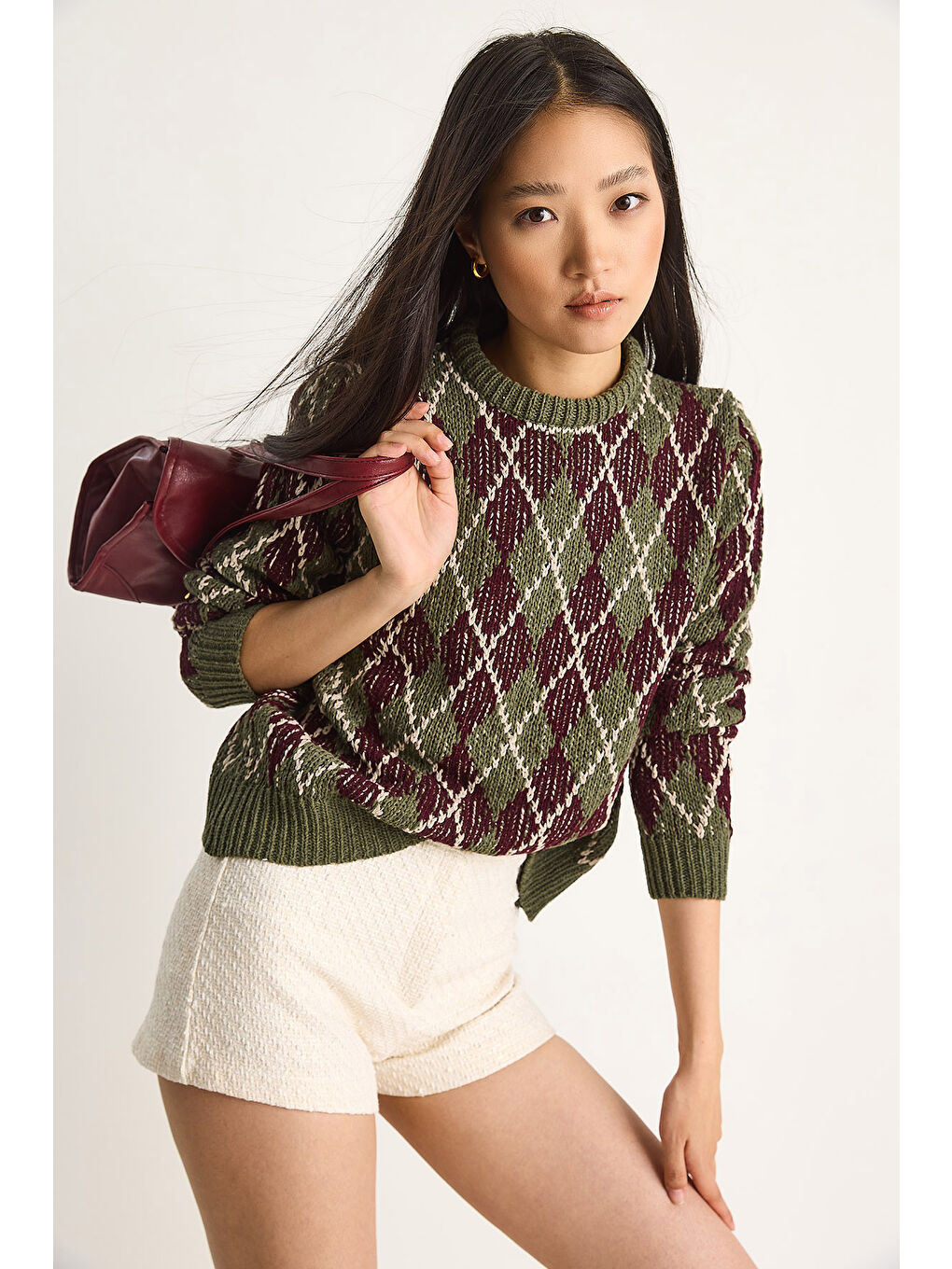 Haki Kadın Baklavalı Kazak-4