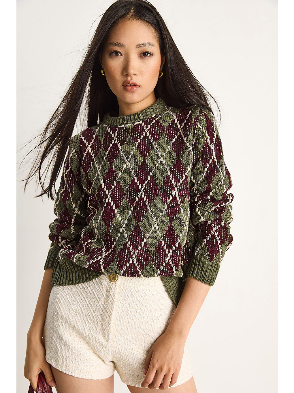 Haki Kadın Baklavalı Kazak-5