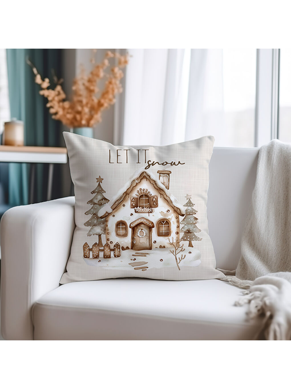 Kahverengi Kış Temalı Çift Tarafı Baskılı Yumuşak Süet Kırlent Kılıfı - "Let It Snow" Ev Desenli - 43x43 cm-1