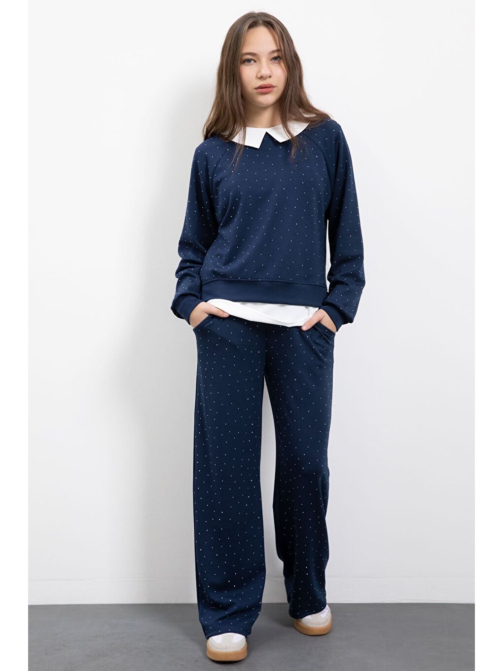 Lacivert Taş Detaylı Pantolonlu Kız Çocuk 3lü Gömlekli Takım 23478