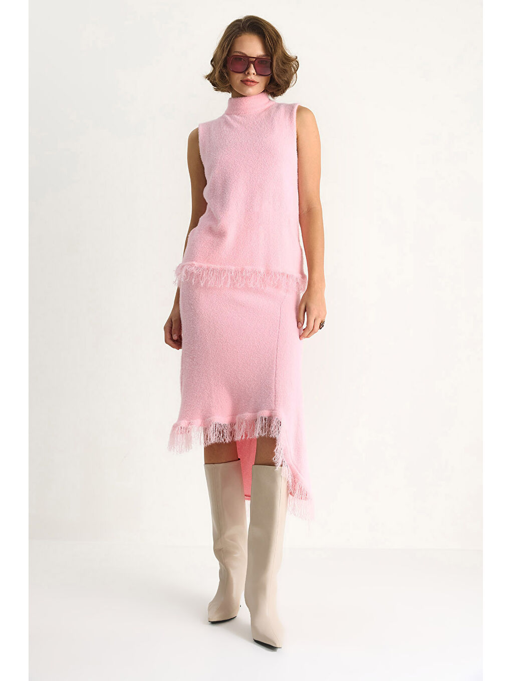 Pembe Kadın Püsküllü Asimetrik Örgü Etek Bluz Alt-Üst Takım-2