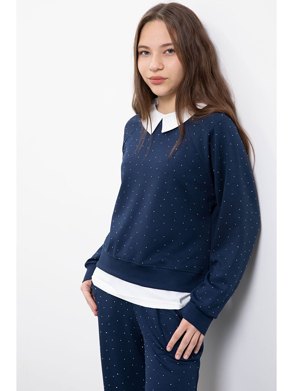 Lacivert Taş Detaylı Pantolonlu Kız Çocuk 3lü Gömlekli Takım 23478-1