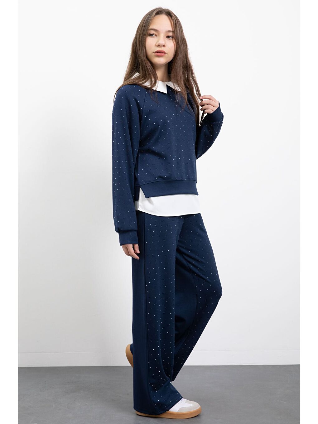 Lacivert Taş Detaylı Pantolonlu Kız Çocuk 3lü Gömlekli Takım 23478-2