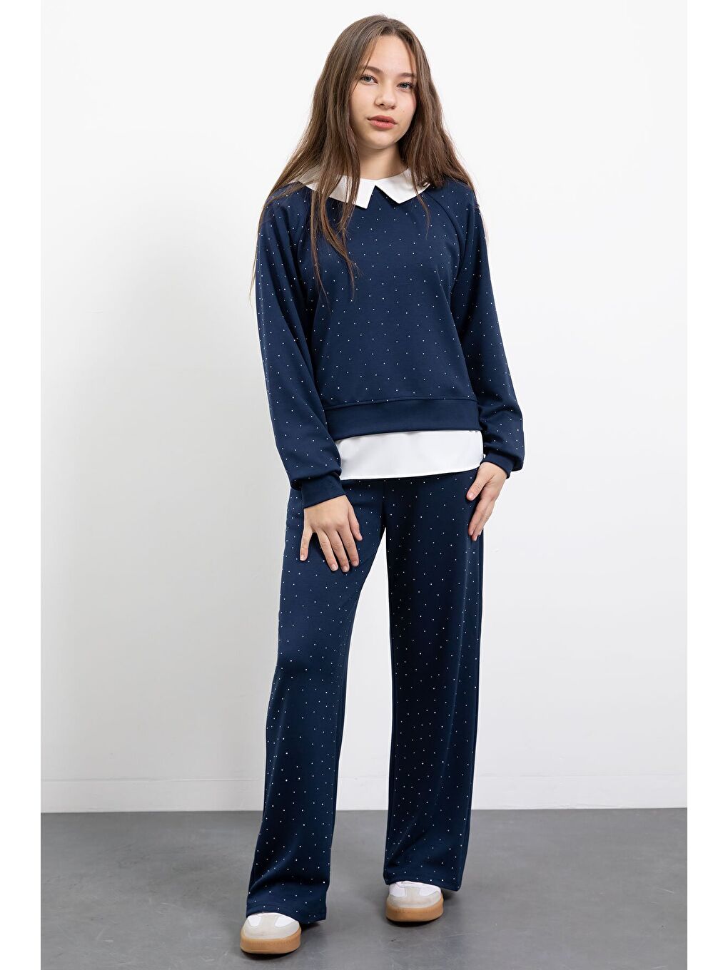 Lacivert Taş Detaylı Pantolonlu Kız Çocuk 3lü Gömlekli Takım 23478-3