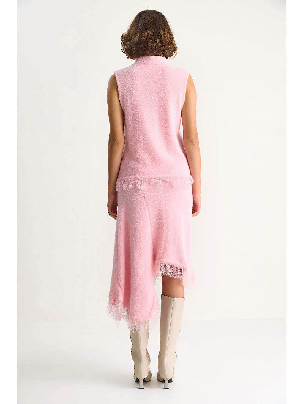 Pembe Kadın Püsküllü Asimetrik Örgü Etek Bluz Alt-Üst Takım-6