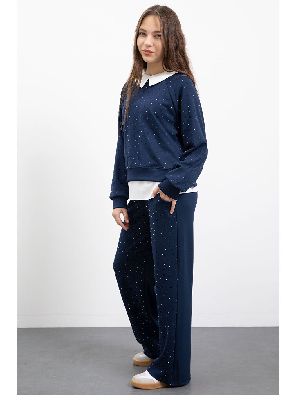 Lacivert Taş Detaylı Pantolonlu Kız Çocuk 3lü Gömlekli Takım 23478-4