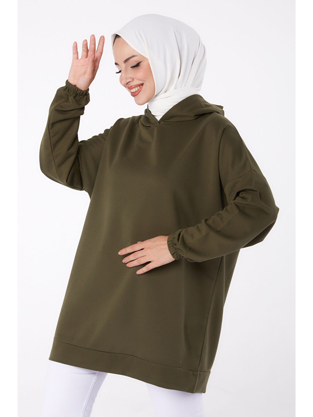 TOFİSA Düz Kapüşonlu Yaka Kadın Haki Arkası Baskılı Sweatshirt   13327