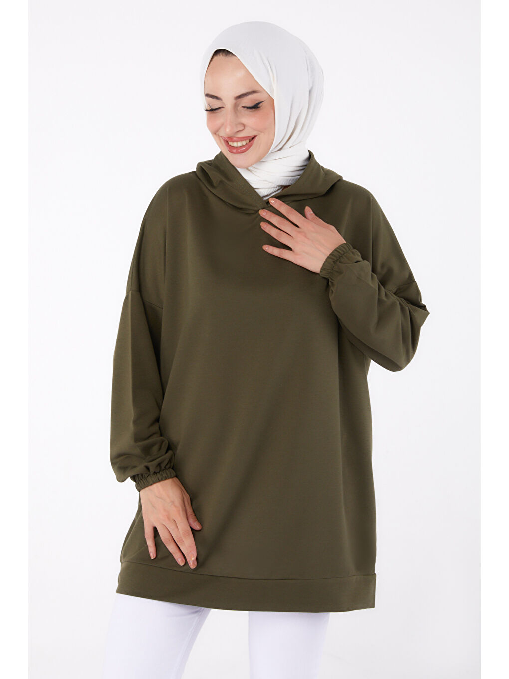 TOFİSA Düz Kapüşonlu Yaka Kadın Haki Arkası Baskılı Sweatshirt   13327 - 2