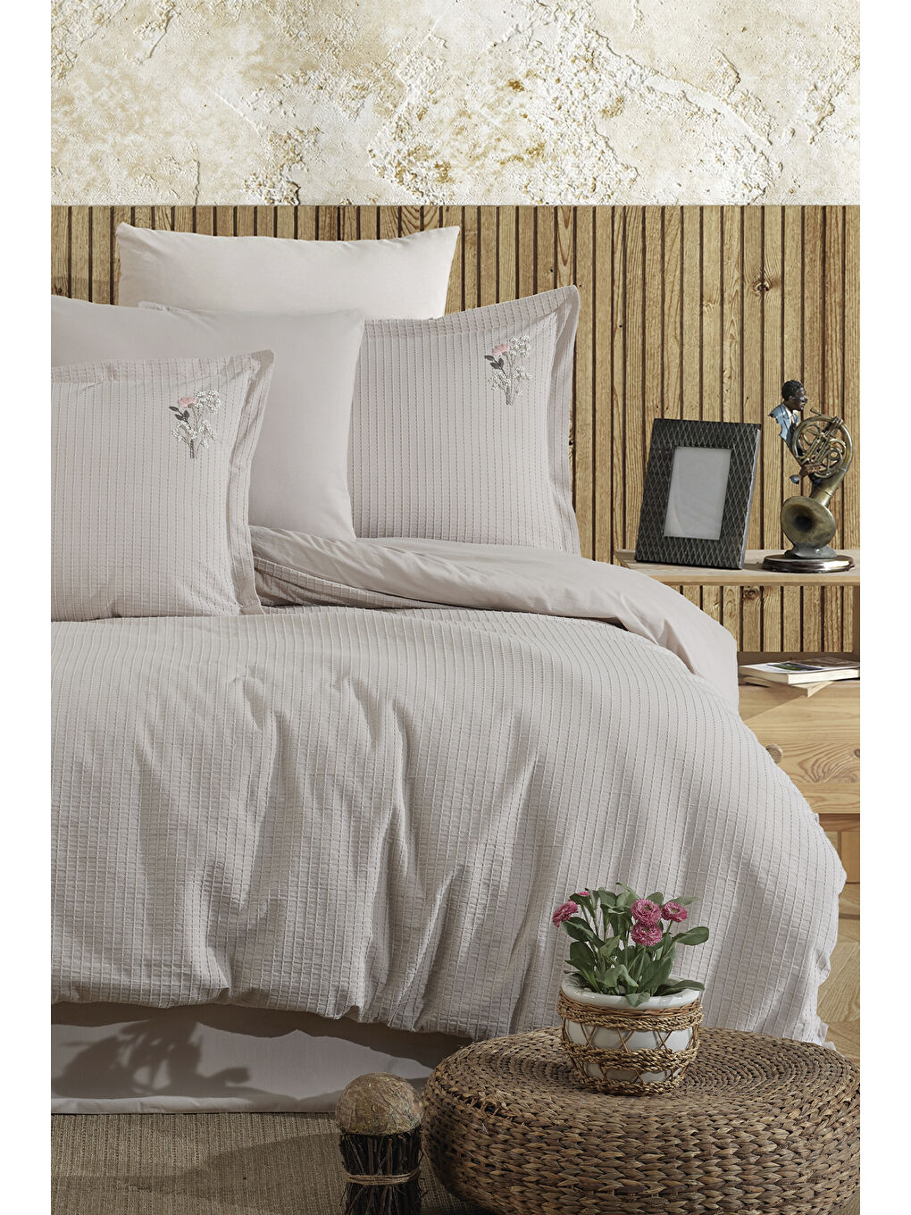 Bej %100 Pamuk Çift Kişilik Nakışlı Nevresim Seti Eveya Taş Rengi-3