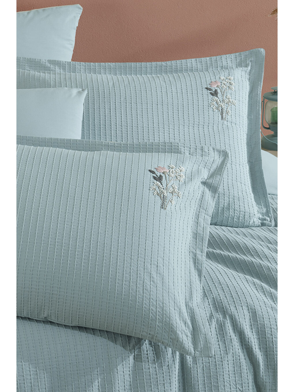 Yeşil %100 Pamuk Çift Kişilik Nakışlı Nevresim Seti Eveya Mint-1