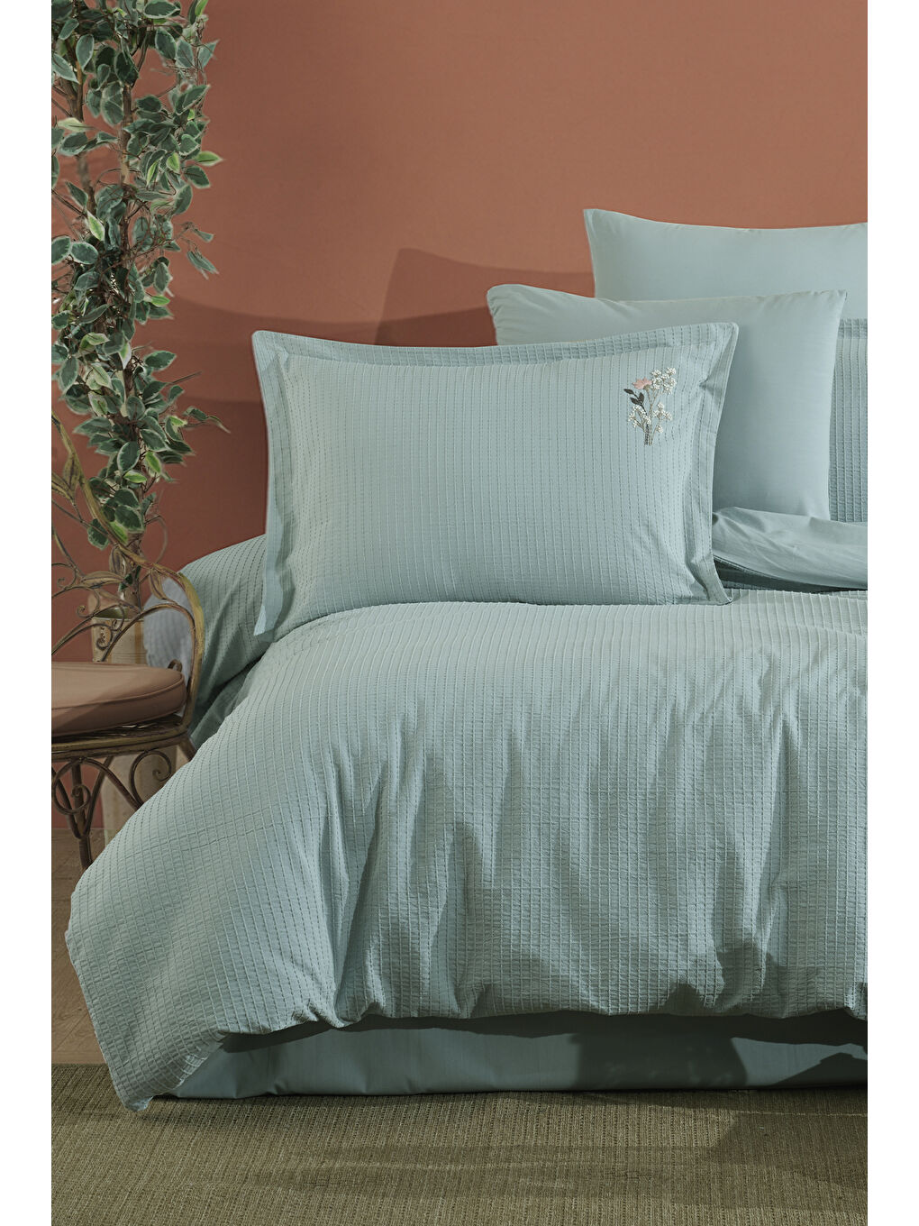 Yeşil %100 Pamuk Çift Kişilik Nakışlı Nevresim Seti Eveya Mint-2