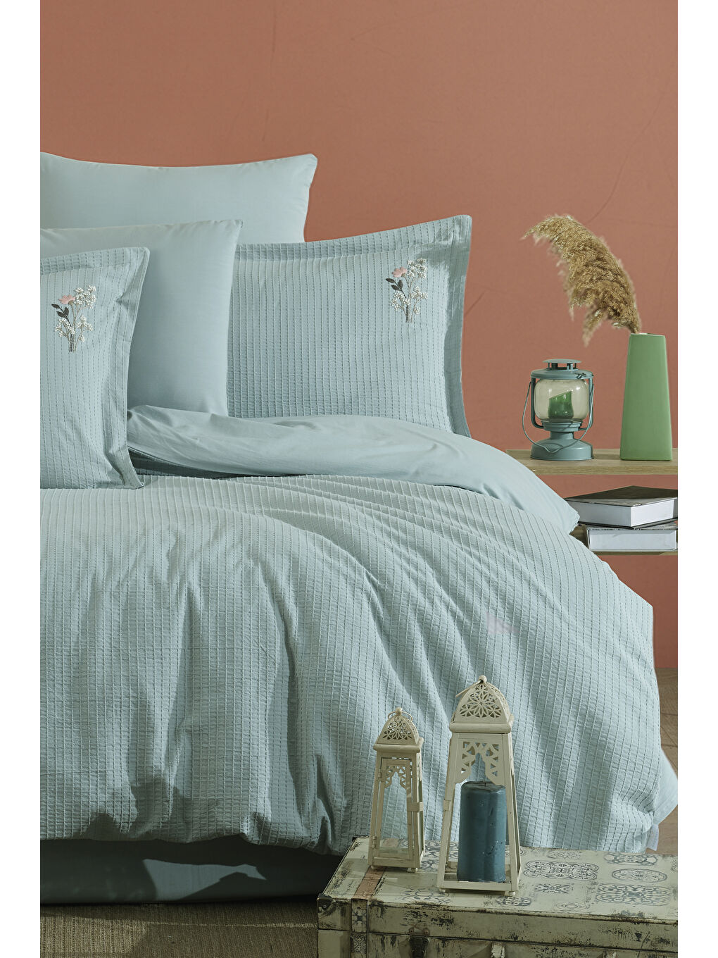 Yeşil %100 Pamuk Çift Kişilik Nakışlı Nevresim Seti Eveya Mint-3