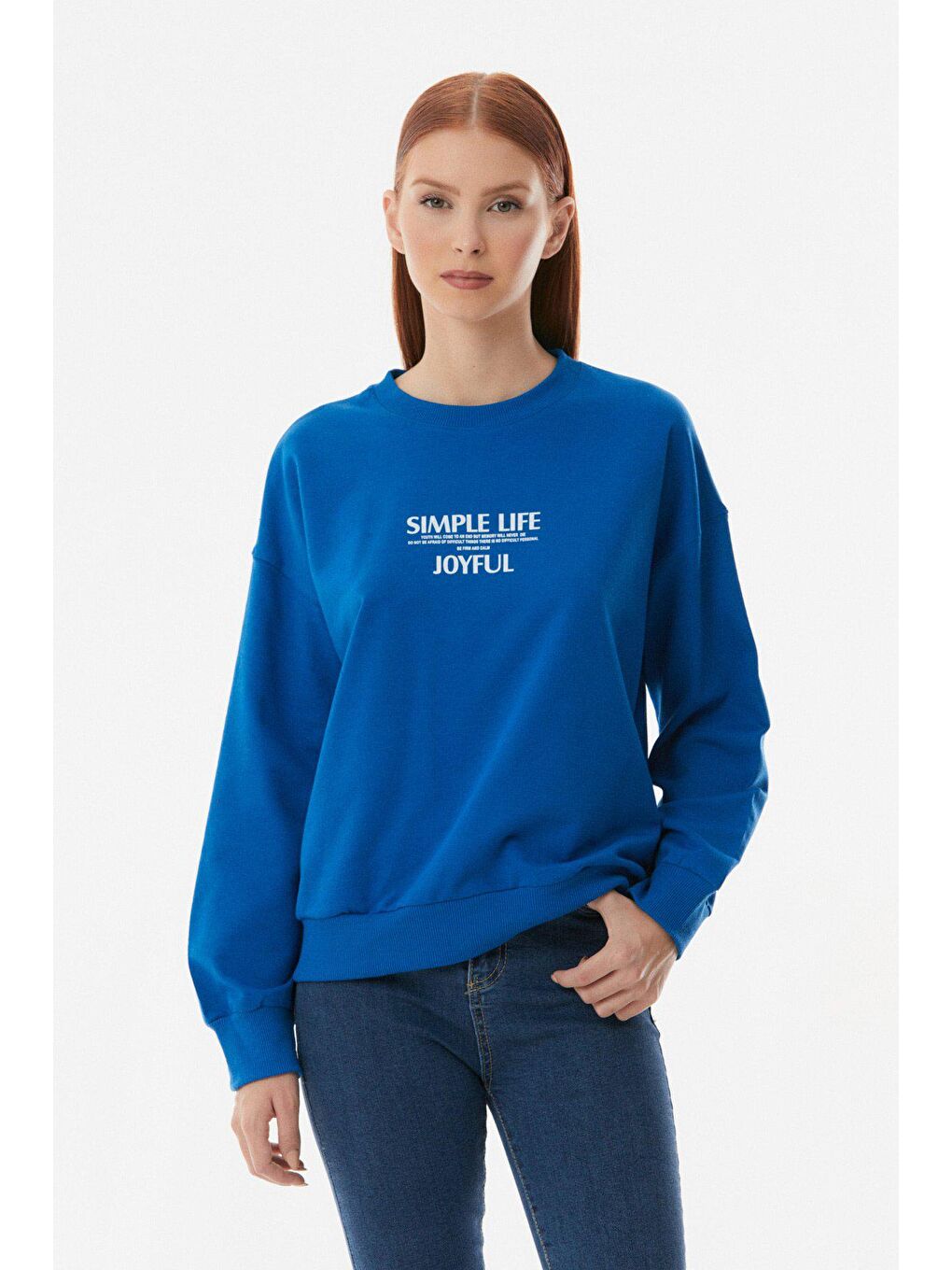Mavi Yazılı Bisiklet Yaka Oversize Sweatshirt