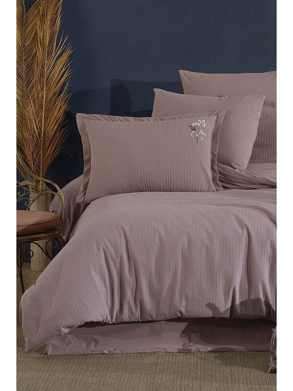 Pembe %100 Pamuk Çift Kişilik Nakışlı Nevresim Seti Eveya Gül Kurusu-2