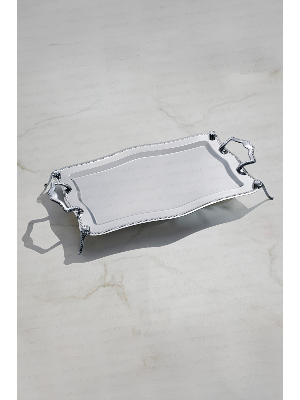 Gri Zincir Ayaklı Sade Çelik Çay Tepsi