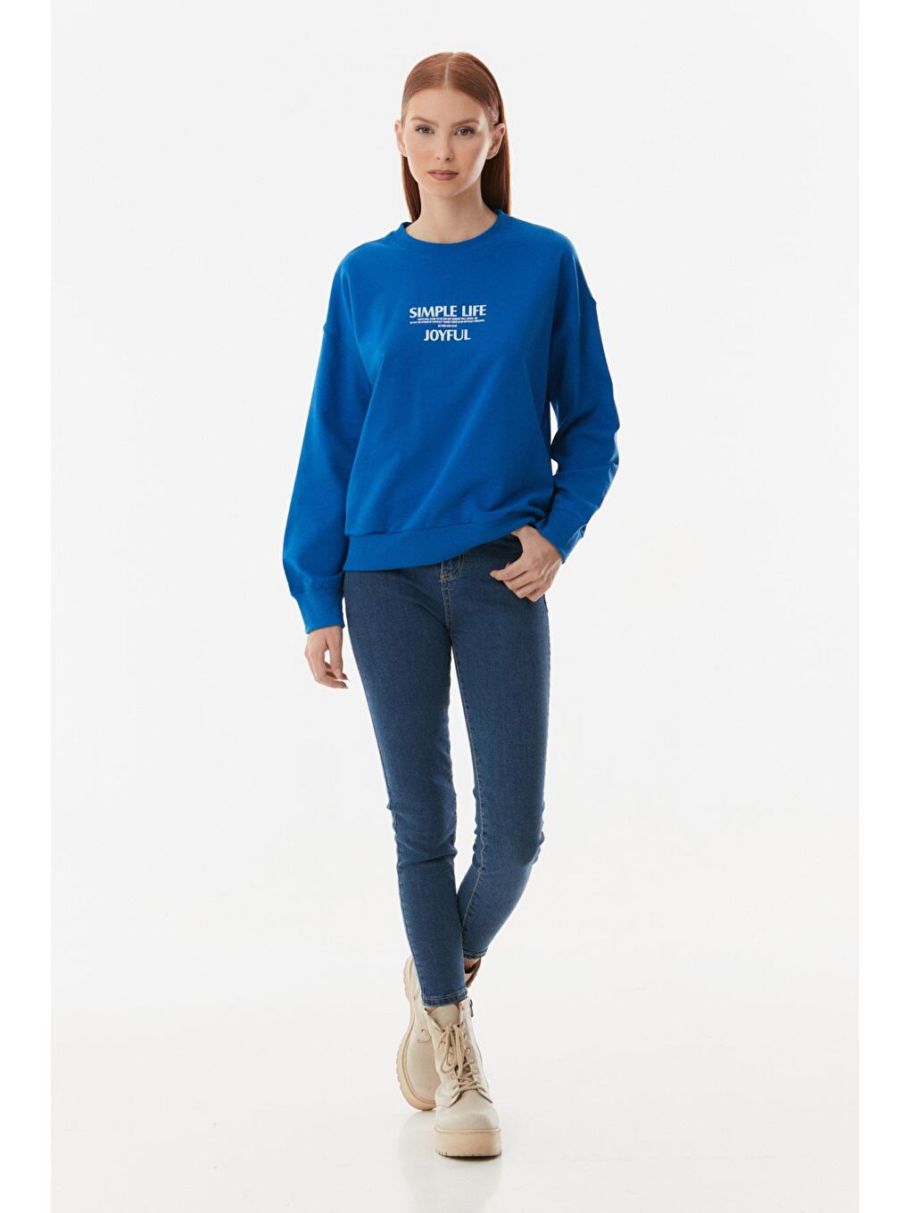 Mavi Yazılı Bisiklet Yaka Oversize Sweatshirt-1