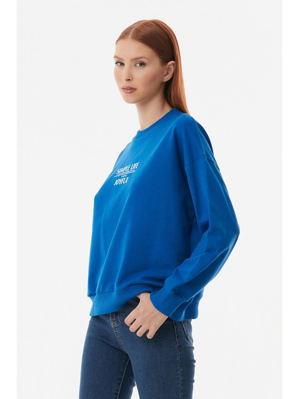Mavi Yazılı Bisiklet Yaka Oversize Sweatshirt-2
