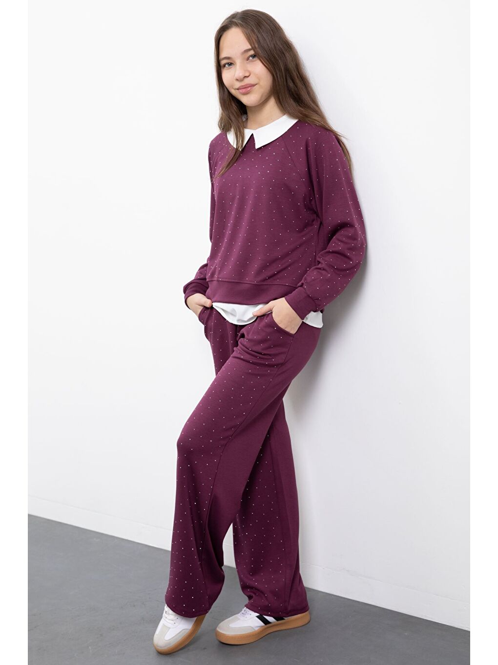 Bordo Taş Detaylı Pantolonlu Kız Çocuk 3lü Gömlekli Takım 23479