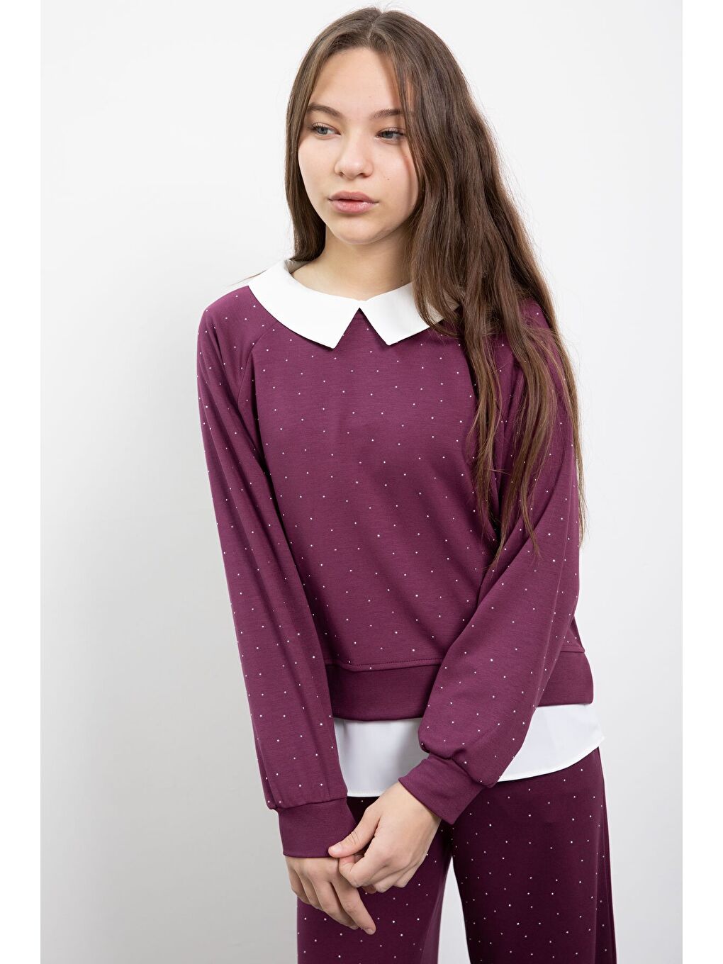 Bordo Taş Detaylı Pantolonlu Kız Çocuk 3lü Gömlekli Takım 23479-1