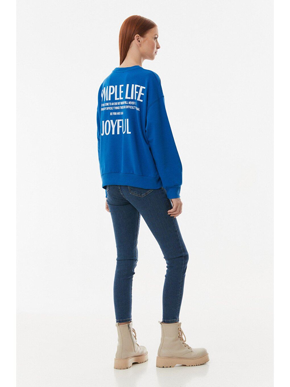 Mavi Yazılı Bisiklet Yaka Oversize Sweatshirt-3