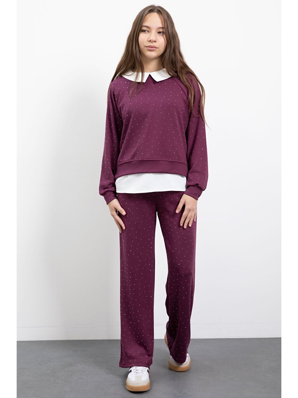 Bordo Taş Detaylı Pantolonlu Kız Çocuk 3lü Gömlekli Takım 23479-2