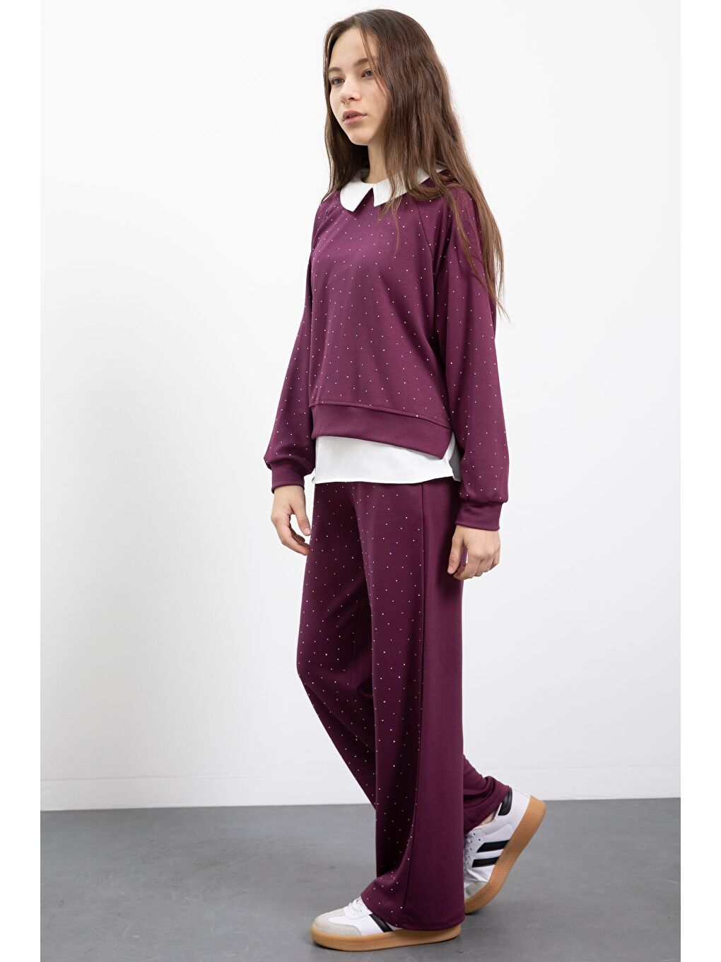 Bordo Taş Detaylı Pantolonlu Kız Çocuk 3lü Gömlekli Takım 23479-3