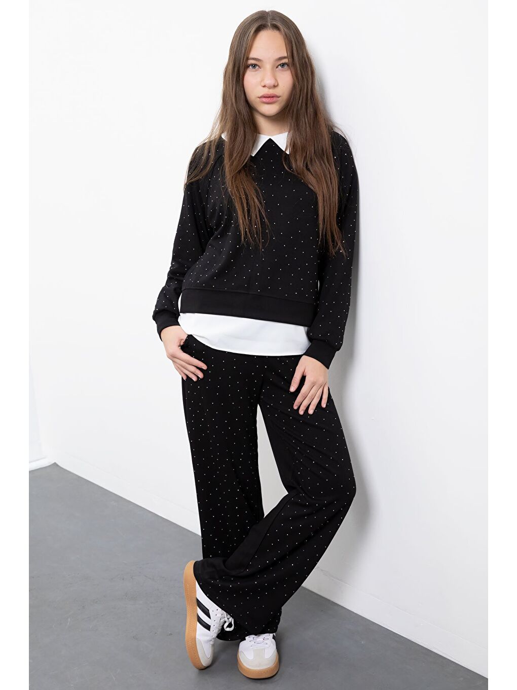 Siyah Taş Detaylı Pantolonlu Kız Çocuk 3lü Gömlekli Takım 23477