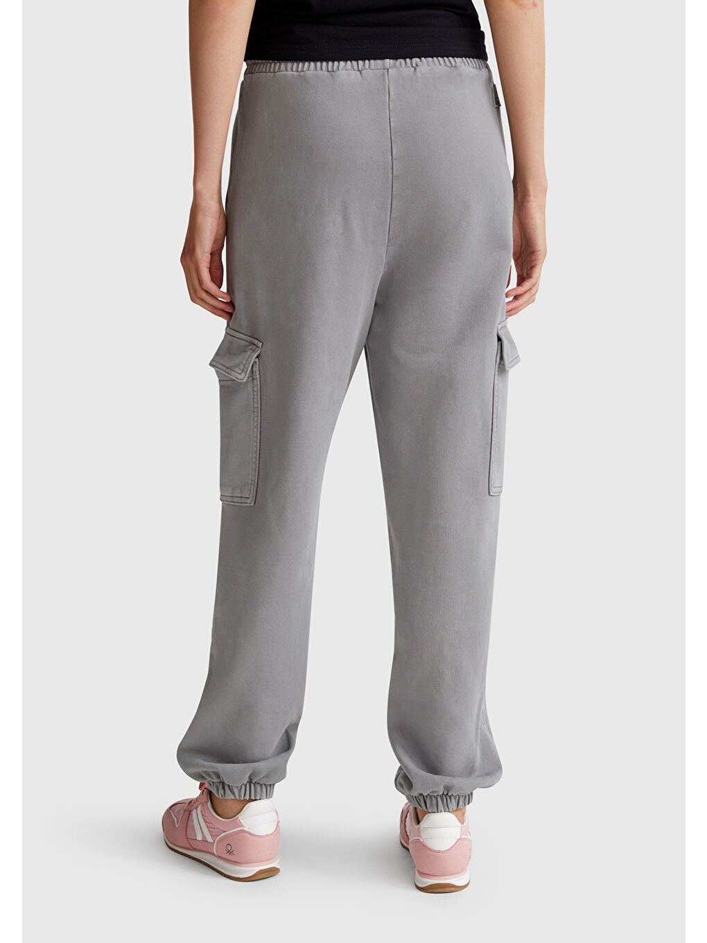 Kadın Antrasit %100 Pamuk Beli İpli Relax Fit Kargo Eşofman Altı-2