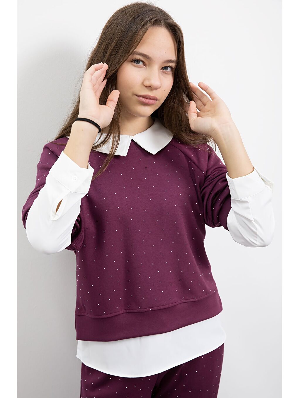 Bordo Taş Detaylı Pantolonlu Kız Çocuk 3lü Gömlekli Takım 23479-4