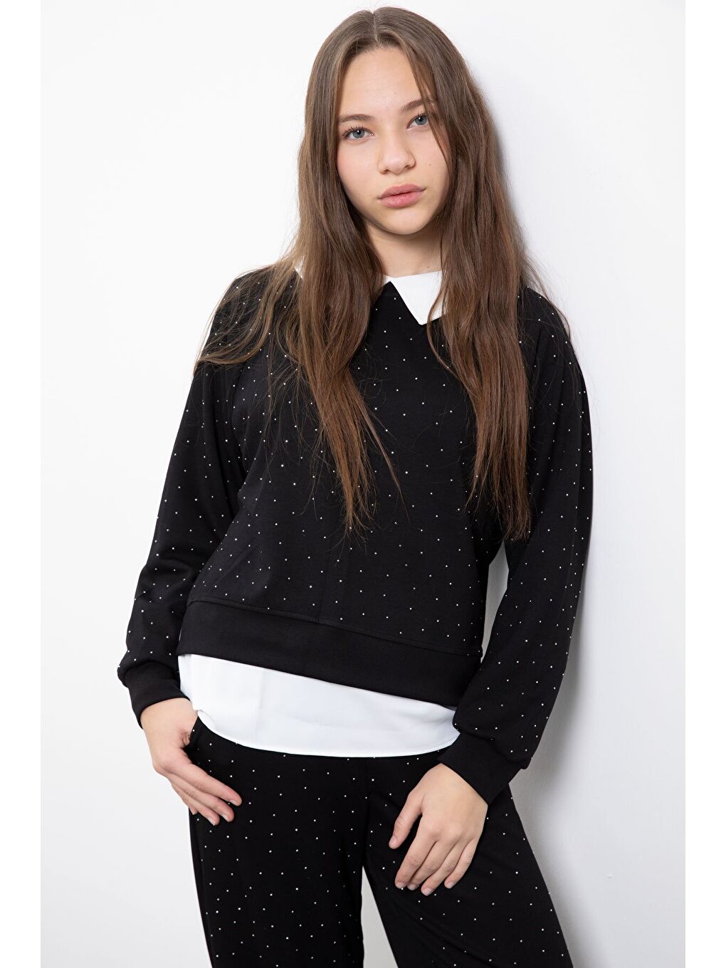 Siyah Taş Detaylı Pantolonlu Kız Çocuk 3lü Gömlekli Takım 23477-1