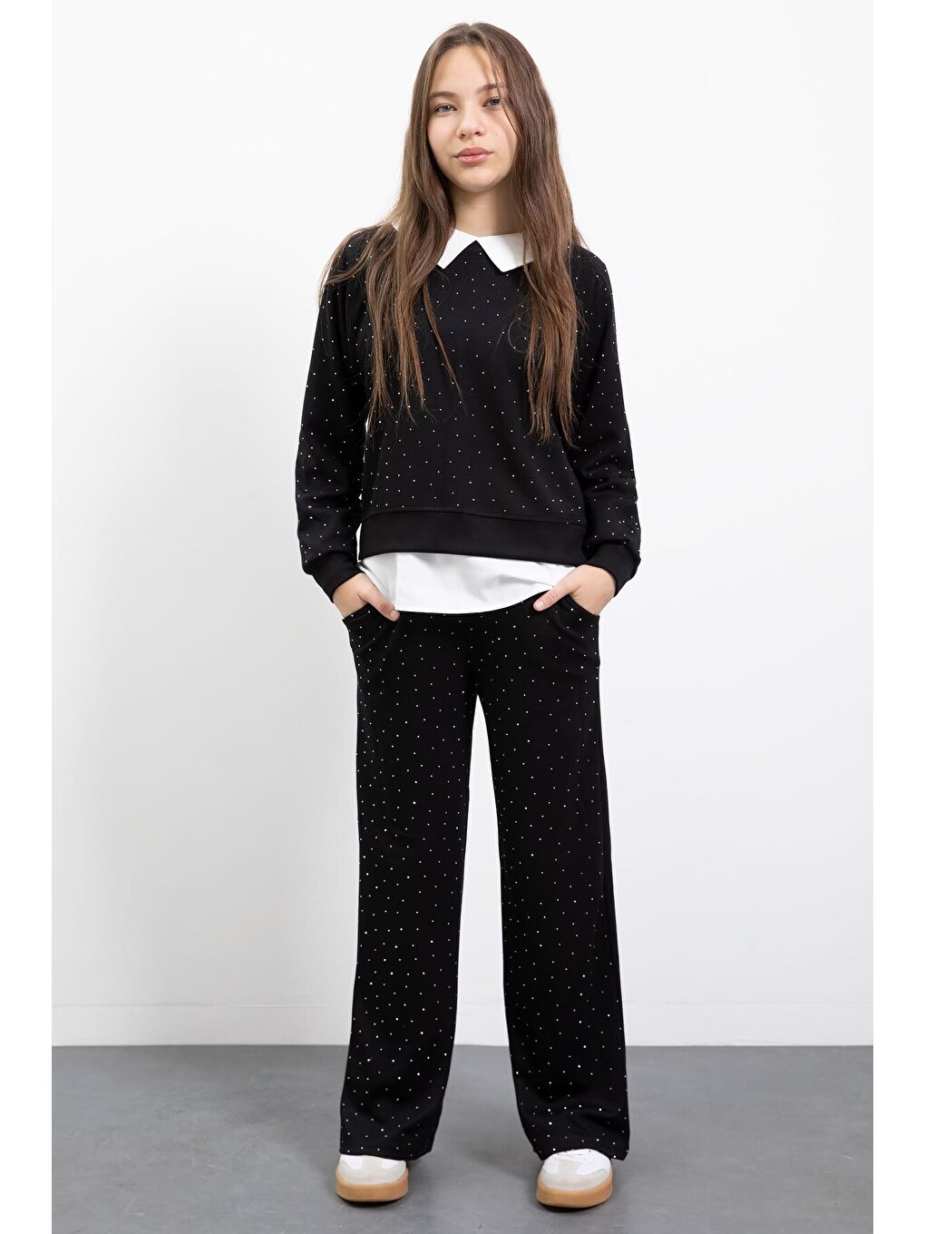 Siyah Taş Detaylı Pantolonlu Kız Çocuk 3lü Gömlekli Takım 23477-2