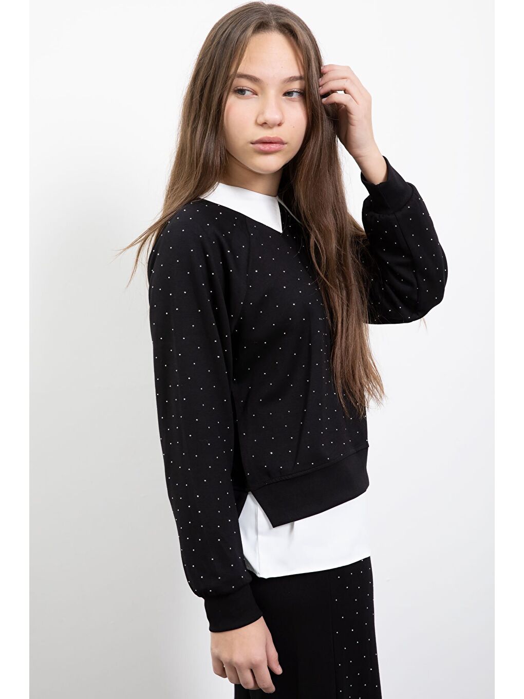 Siyah Taş Detaylı Pantolonlu Kız Çocuk 3lü Gömlekli Takım 23477-3