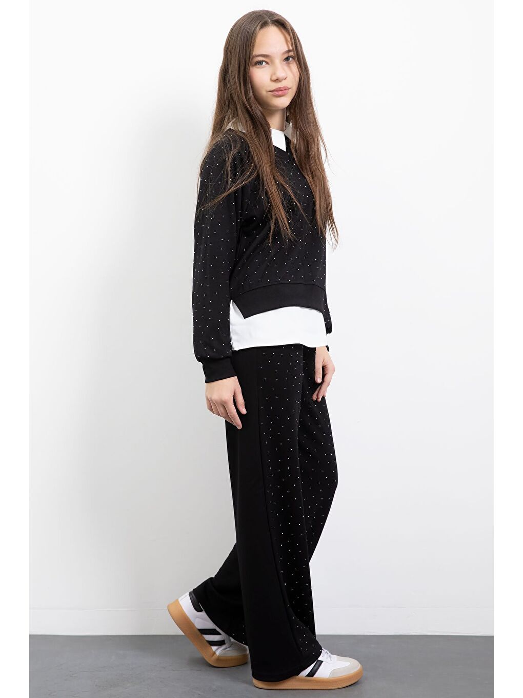 Siyah Taş Detaylı Pantolonlu Kız Çocuk 3lü Gömlekli Takım 23477-4