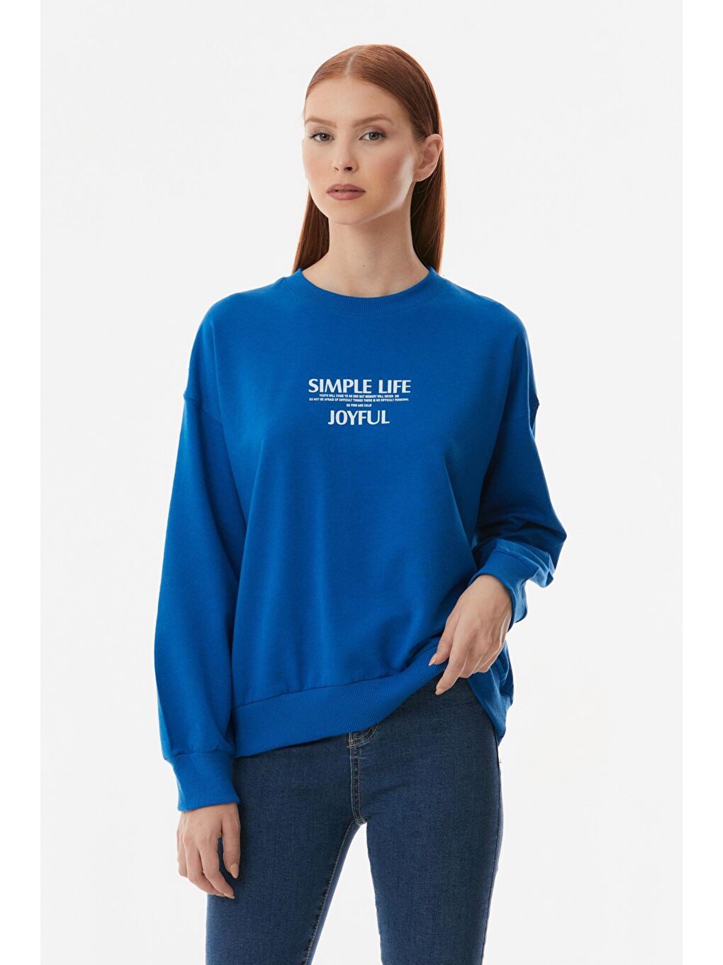 Mavi Yazılı Bisiklet Yaka Oversize Sweatshirt-4