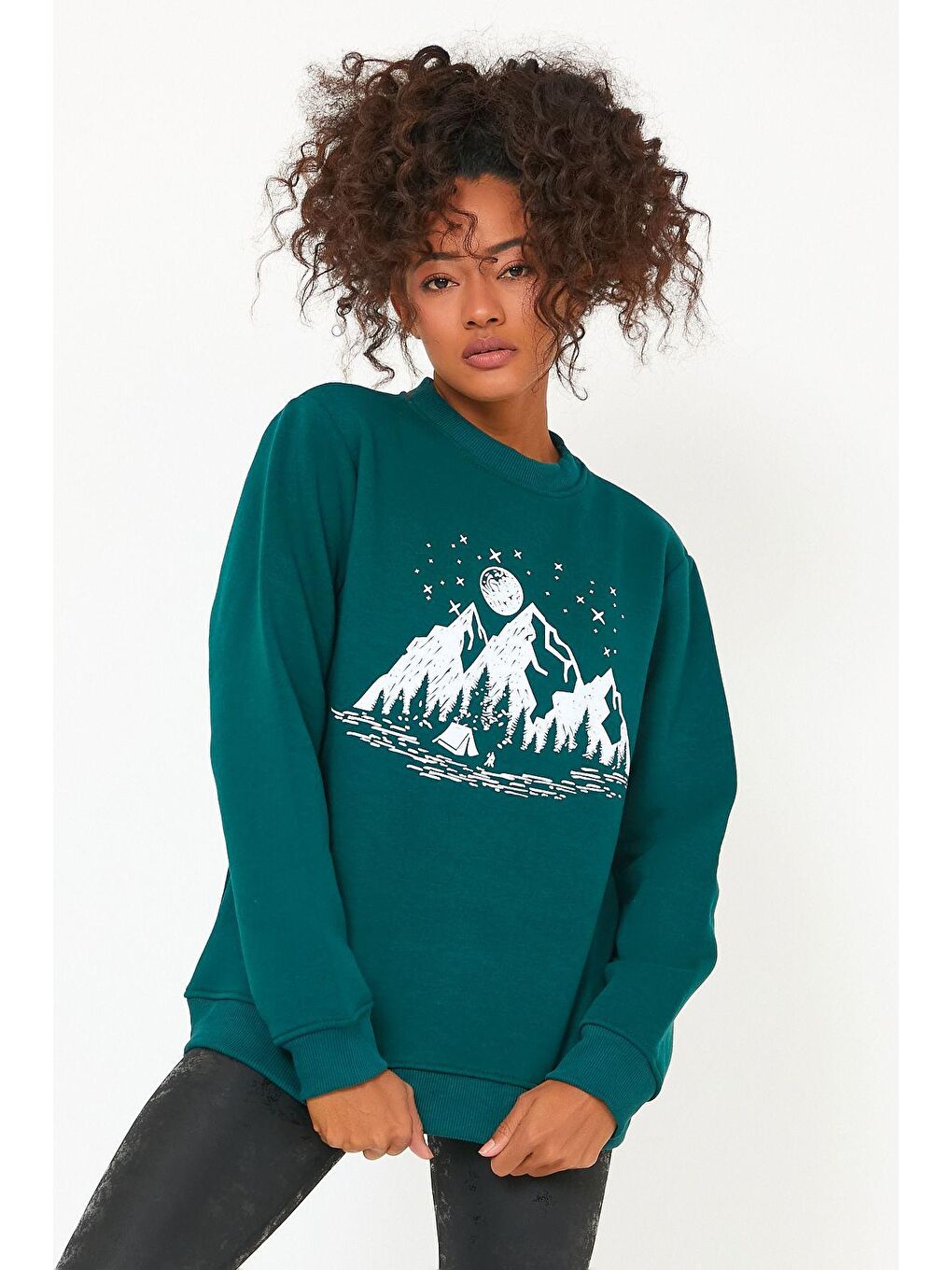 Yeşil Store Kadın Sweatshirt Içi Polarlı Baskılı Oversize Outdoor Sweatshirt
