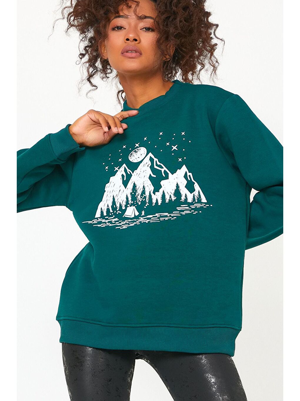 Yeşil Store Kadın Sweatshirt Içi Polarlı Baskılı Oversize Outdoor Sweatshirt-3