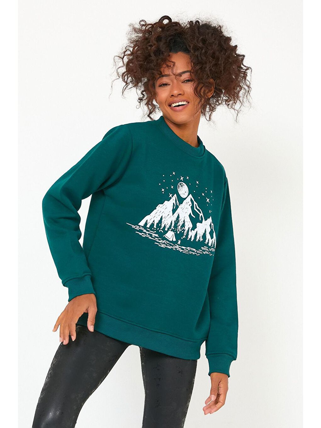 Yeşil Store Kadın Sweatshirt Içi Polarlı Baskılı Oversize Outdoor Sweatshirt-4