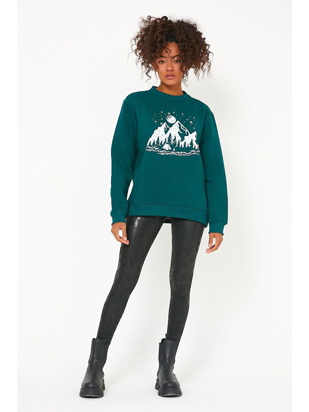 Yeşil Store Kadın Sweatshirt Içi Polarlı Baskılı Oversize Outdoor Sweatshirt-5