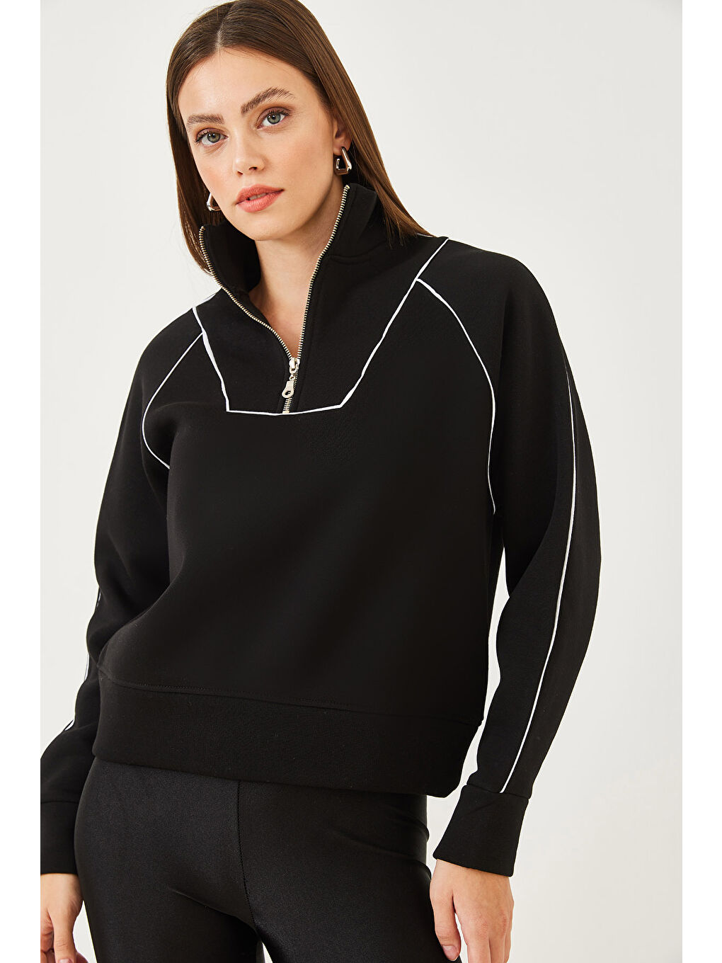 Siyah Kadın Yarım Fermuarlı Oversize Sweatshirt-2