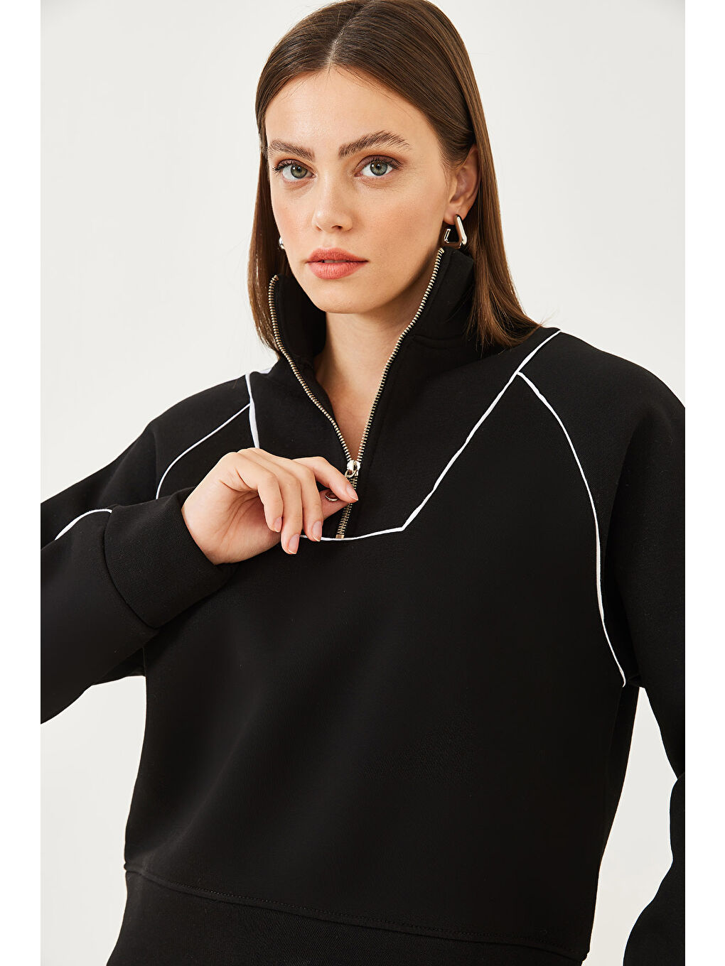 Siyah Kadın Yarım Fermuarlı Oversize Sweatshirt-3