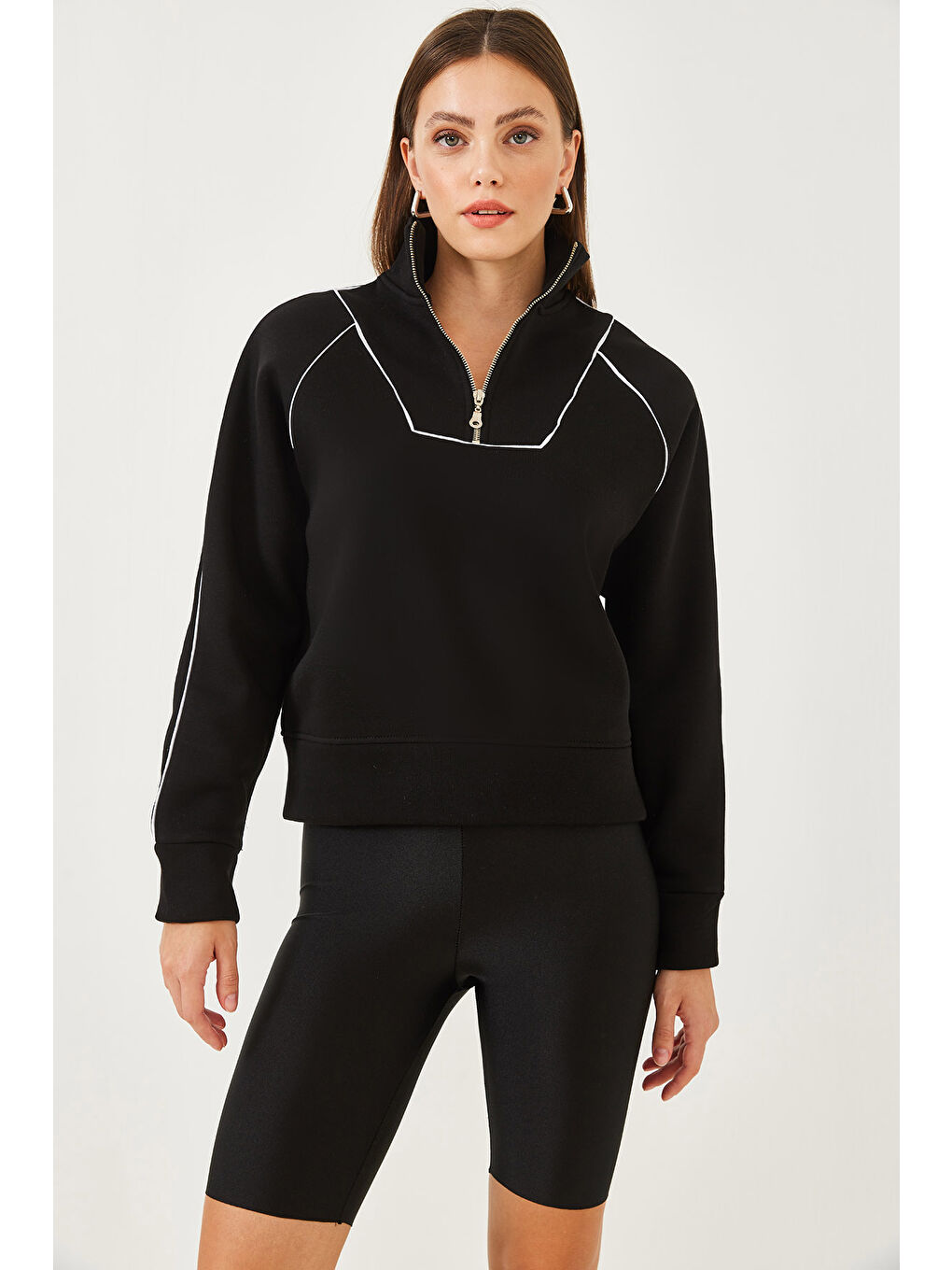 Siyah Kadın Yarım Fermuarlı Oversize Sweatshirt-5